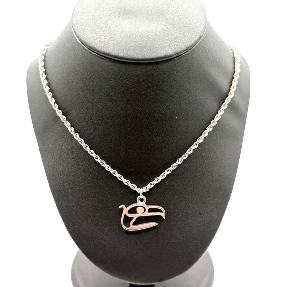 Vintage Silver Tone Northwest Coast Style Raven Pendant Necklace Sterling Rope - Picture 4 of 8